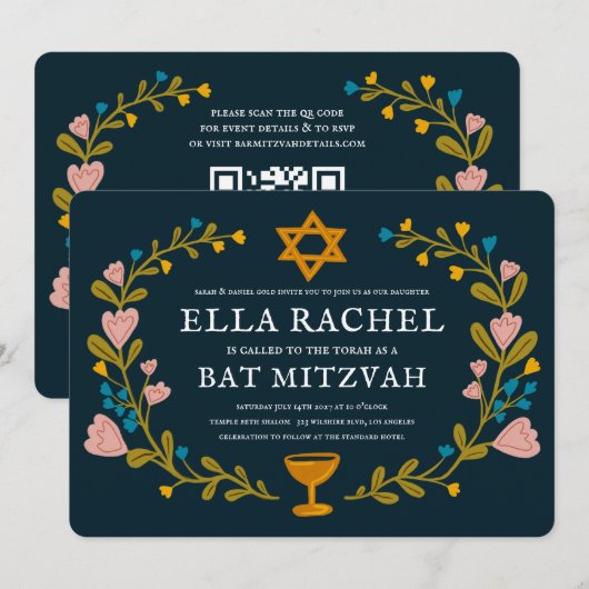 Bloemenkrans Bat Mitzvah Hand-getrokken Custom QRc Kaart (Voorkant / Achterkant)