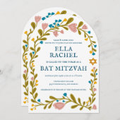 Bloemenkrans Bat Mitzvah Hand-getrokken Custom QRc Kaart (Voorkant / Achterkant)
