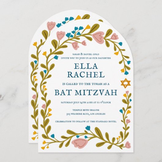 Bloemenkrans Bat Mitzvah Hand-getrokken Custom QRc Kaart (Voorkant / Achterkant)