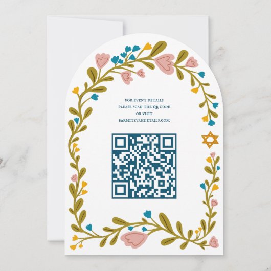 Bloemenkrans Bat Mitzvah Hand-getrokken Custom QRc Kaart (Achterkant)