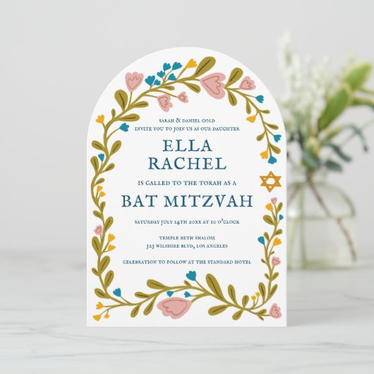 Bloemenkrans Bat Mitzvah Hand-getrokken Custom QRc Kaart (Staand voorkant)
