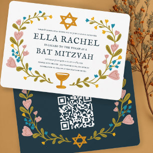 Bloemenkrans Bat Mitzvah Hand-getrokken Custom QRc Kaart
