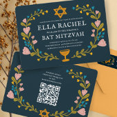 Bloemenkrans Bat Mitzvah Hand-getrokken Custom QRc Kaart