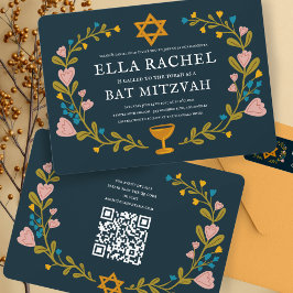 Bloemenkrans Bat Mitzvah Hand-getrokken Custom QRc Kaart