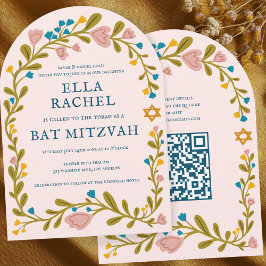 Bloemenkrans Bat Mitzvah Hand-getrokken Custom QRc Kaart