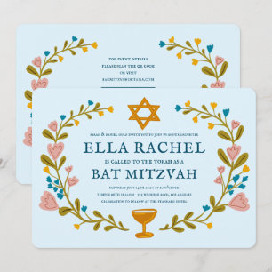 Bloemenkrans Bat Mitzvah Hand-getrokken Custom QRc Kaart