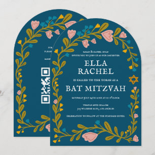 Bloemenkrans Bat Mitzvah Hand-getrokken Custom QRc Kaart