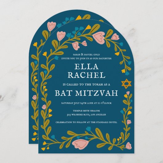 Bloemenkrans Bat Mitzvah Hand-getrokken Custom QRc Kaart (Voorkant / Achterkant)