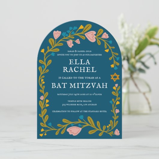 Bloemenkrans Bat Mitzvah Hand-getrokken Custom QRc Kaart (Staand voorkant)