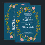 Bloemenkrans Bat Mitzvah Hand-getrokken Custom QRc Kaart<br><div class="desc">Perfecte kaart om een bar mitswa, bat mitswa of andere Joodse viering aan te kondigen! Met de hand gemaakte kunst voor jou! VOLLEDIG ! Klik hierboven op "Personaliseer" om de tekst te bewerken en uw link toe te voegen aan de QR-code op de achterkant. Klik op "Bewerken met ontwerpgereedschap" om...</div>