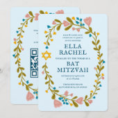 Bloemenkrans Bat Mitzvah Hand-getrokken Custom QRc Kaart (Voorkant / Achterkant)