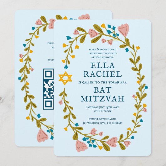 Bloemenkrans Bat Mitzvah Hand-getrokken Custom QRc Kaart (Voorkant / Achterkant)