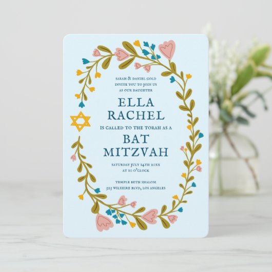 Bloemenkrans Bat Mitzvah Hand-getrokken Custom QRc Kaart (Staand voorkant)