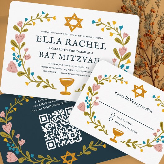 Bloemenkrans Bat Mitzvah Hand-getrokken Custom RSV Informatiekaartje
