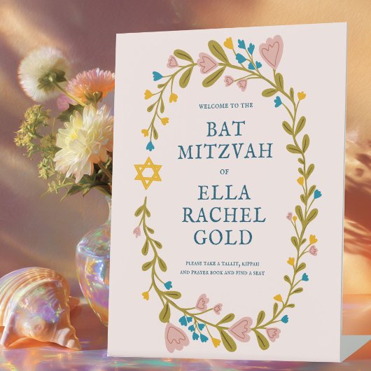 Bloemenkrans Bat Mitzvah Hand-getrokken Custom Wel Reclamebord Met Voetstuk