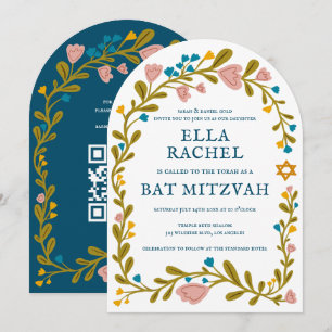 Bloemenkrans Bat Mitzvah Handgetekende aangepaste Kaart