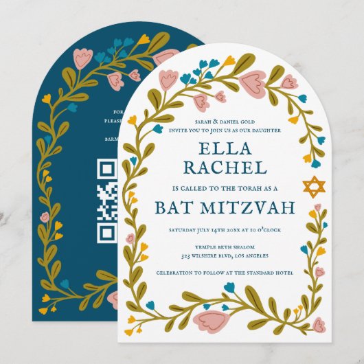 Bloemenkrans Bat Mitzvah Handgetekende aangepaste Kaart (Voorkant / Achterkant)