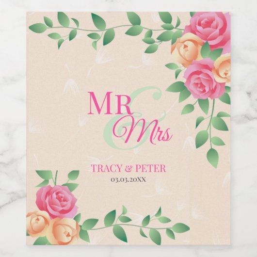 Bloemenkrans Beige achtergrond Wijn Etiket (Enkel label)