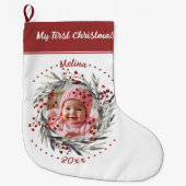 Bloemenkrans bessen Baby's eerste kerstfoto Grote Kerstsok (Voorkant)