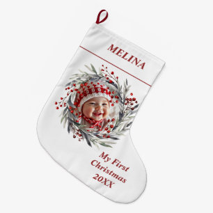 Bloemenkrans bessen Baby's eerste kerstfoto Grote Kerstsok