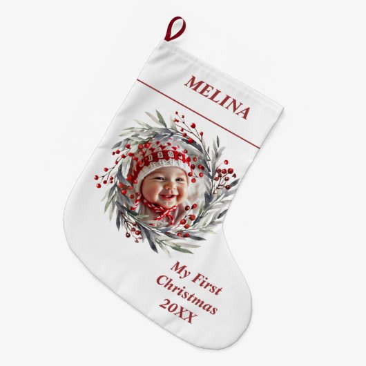 Bloemenkrans bessen Baby's eerste kerstfoto Grote Kerstsok (Voorkant (Hangend))