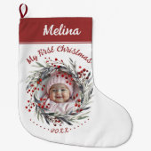Bloemenkrans bessen Baby's eerste kerstfoto Grote Kerstsok (Voorkant)