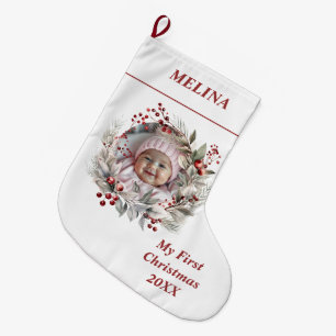 Bloemenkrans bessen Baby's eerste kerstfoto Grote Kerstsok