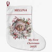 Bloemenkrans bessen Baby's eerste kerstfoto Grote Kerstsok (Voorkant)