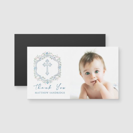 Bloemenkrans Blauw Kruis Doop Foto Dank u (Voorkant / Achterkant)