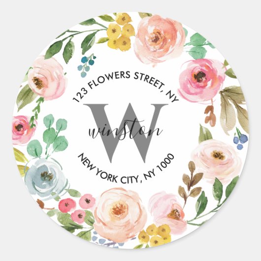 Bloemenkrans Boho Initiaal Retouradres Ronde Sticker (Voorkant)