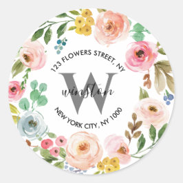 Bloemenkrans Boho Monogram Retouradres Ronde Sticker