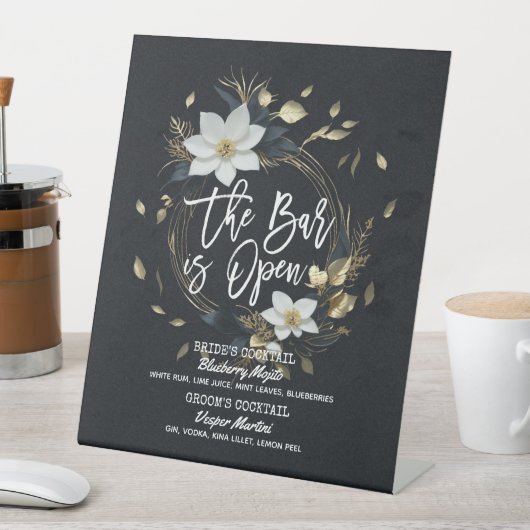 Bloemenkrans bruiloft De bar is open Drink Menu Reclamebord Met Voetstuk (Insitu)