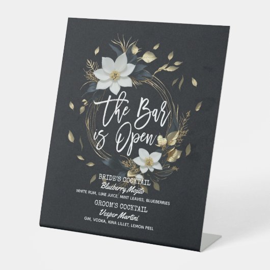 Bloemenkrans bruiloft De bar is open Drink Menu Reclamebord Met Voetstuk (Voorkant)