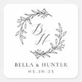 Bloemenkrans bruiloft Initiaal Monogram Vierkante Sticker (Voorkant)