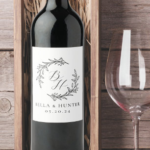 Bloemenkrans bruiloft Initiaal Monogram Wijn Etiket