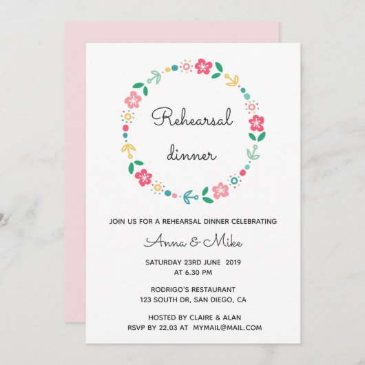 Bloemenkrans bruiloft repetitie diner uitnodiging (Voorkant / Achterkant)