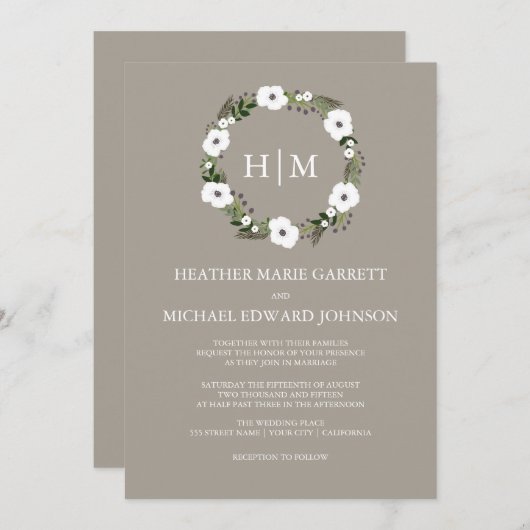 Bloemenkrans bruiloft uitnodiging - taupe (Voorkant / Achterkant)