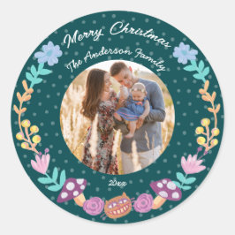 Bloemenkrans cheshire cat groen kerstfoto ronde sticker