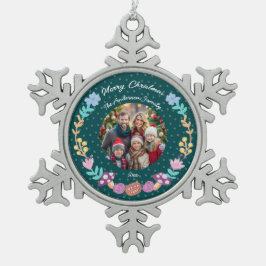 Bloemenkrans cheshire cat groen kerstfoto tin sneeuwvlok ornament