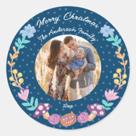 Bloemenkrans cheshire cat navy kerstfoto ronde sticker