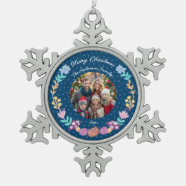 Bloemenkrans cheshire cat navy kerstfoto tin sneeuwvlok ornament