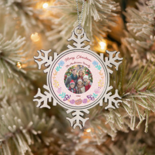 Bloemenkrans Cheshire Kat Roze Kerstfoto Tin Sneeuwvlok Ornament