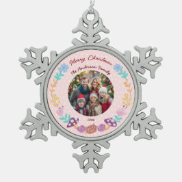 Bloemenkrans Cheshire Kat Roze Kerstfoto Tin Sneeuwvlok Ornament