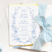  Bloemenkrans Dusty Blue Wedding Gold Folie Uitnodiging