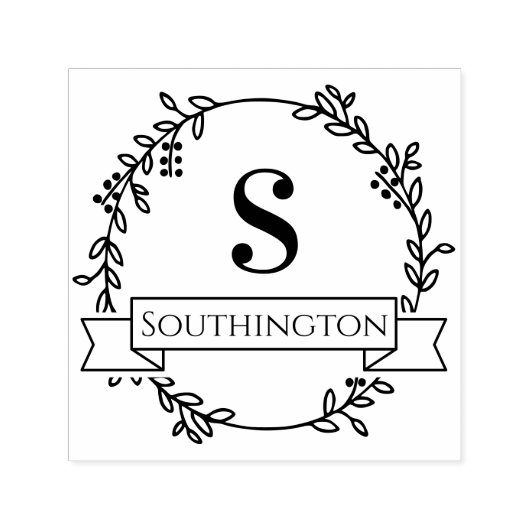 Bloemenkrans Eén Initiaal Trouwbanner Naam Zelfinktende Stempel (Design)