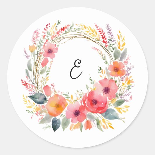 Bloemenkrans Elegant  Waterverf Monogram Ronde Sticker (Voorkant)