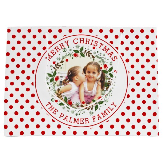 Bloemenkrans en rode, witte stippen Kerstfoto Groot Cadeauzakje (Voorkant)