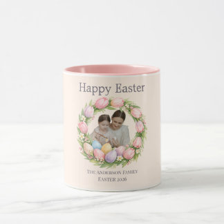 Bloemenkrans & familie foto gepersonaliseerd Pasen Mok
