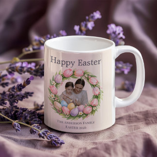 Bloemenkrans & familiefoto gepersonaliseerd Pasen Koffiemok