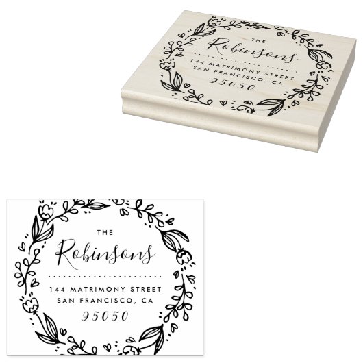 Bloemenkrans Familienaam Retouradres Hout Rubberstempel (Gestempeld)